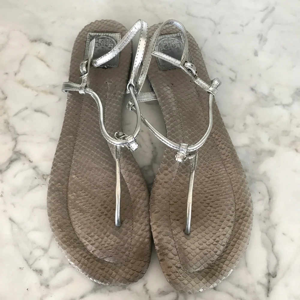 TORY BURCH Snakeskin Silver T-Strap Emmy Sandal